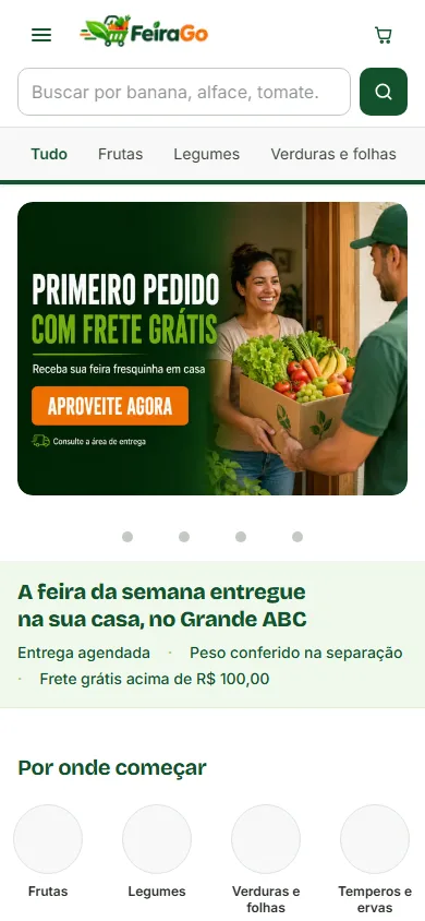 Tela inicial do FeiraGo no celular